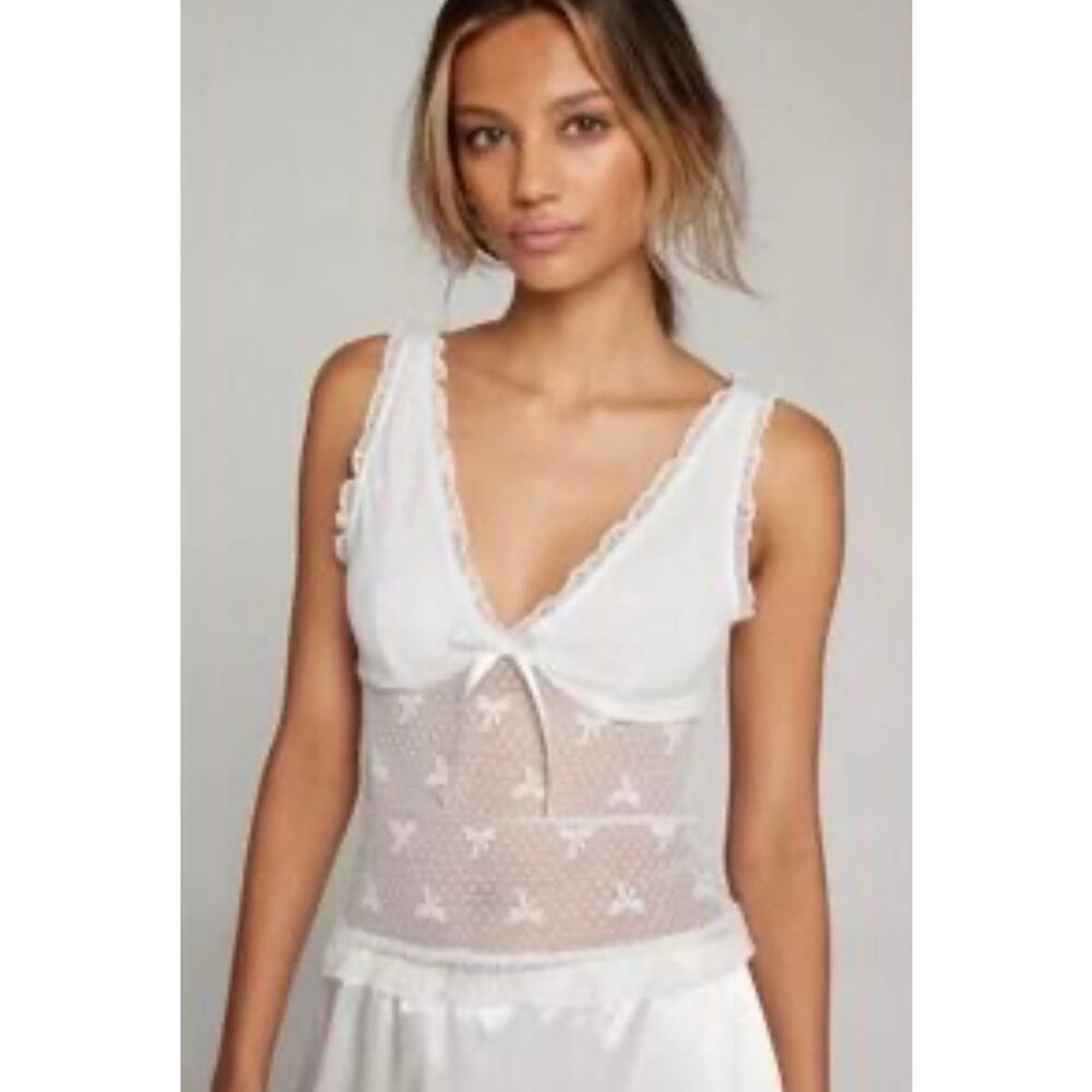 Electric Behavior Women’s XS Sheer Mesh Tank Top Scallop‎ Bow White Coquette Y2K